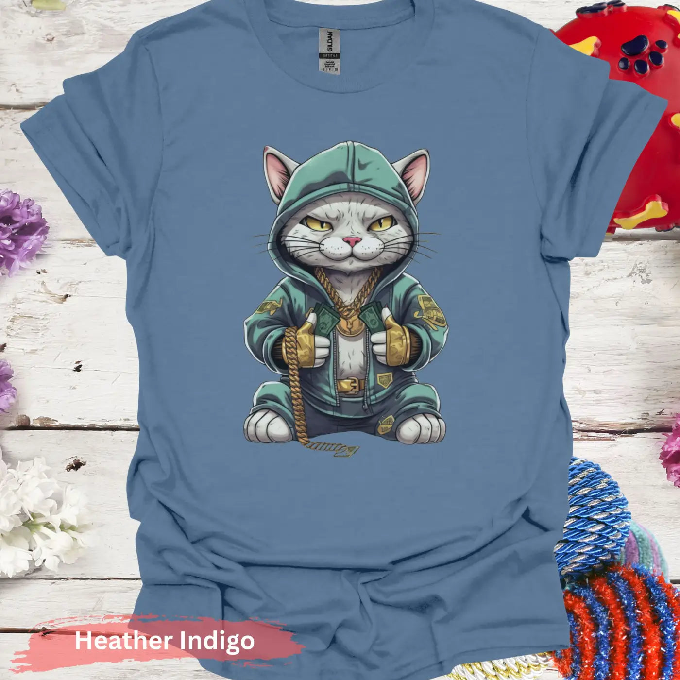 Hip Hop Cat in Hoodie T-Shirt - S / Heather Indigo - Physical Item