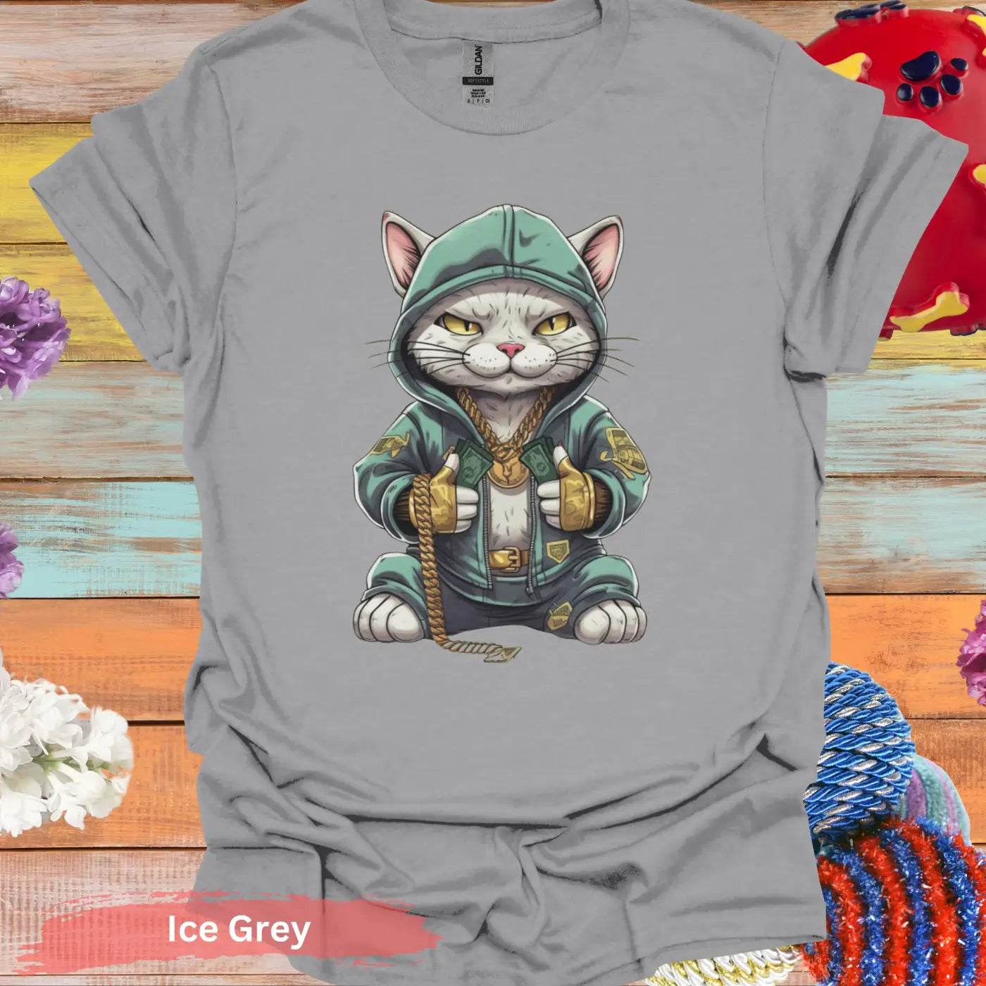 Hip Hop Cat in Hoodie T-Shirt - S / Ice Grey - Physical Item