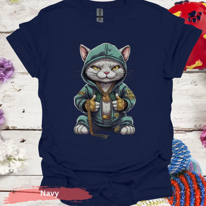 Hip Hop Cat in Hoodie T-Shirt - S / Navy - Physical Item