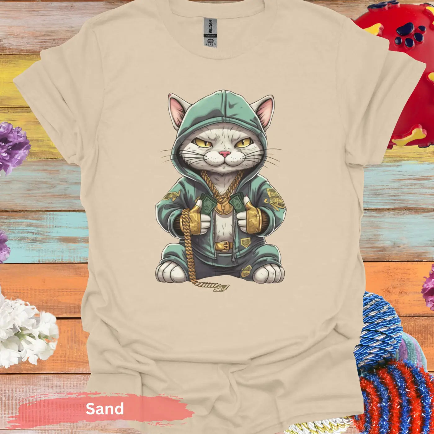 Hip Hop Cat in Hoodie T-Shirt - S / Sand - Physical Item