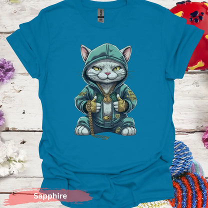 Hip Hop Cat in Hoodie T-Shirt - S / Sapphire - Physical Item