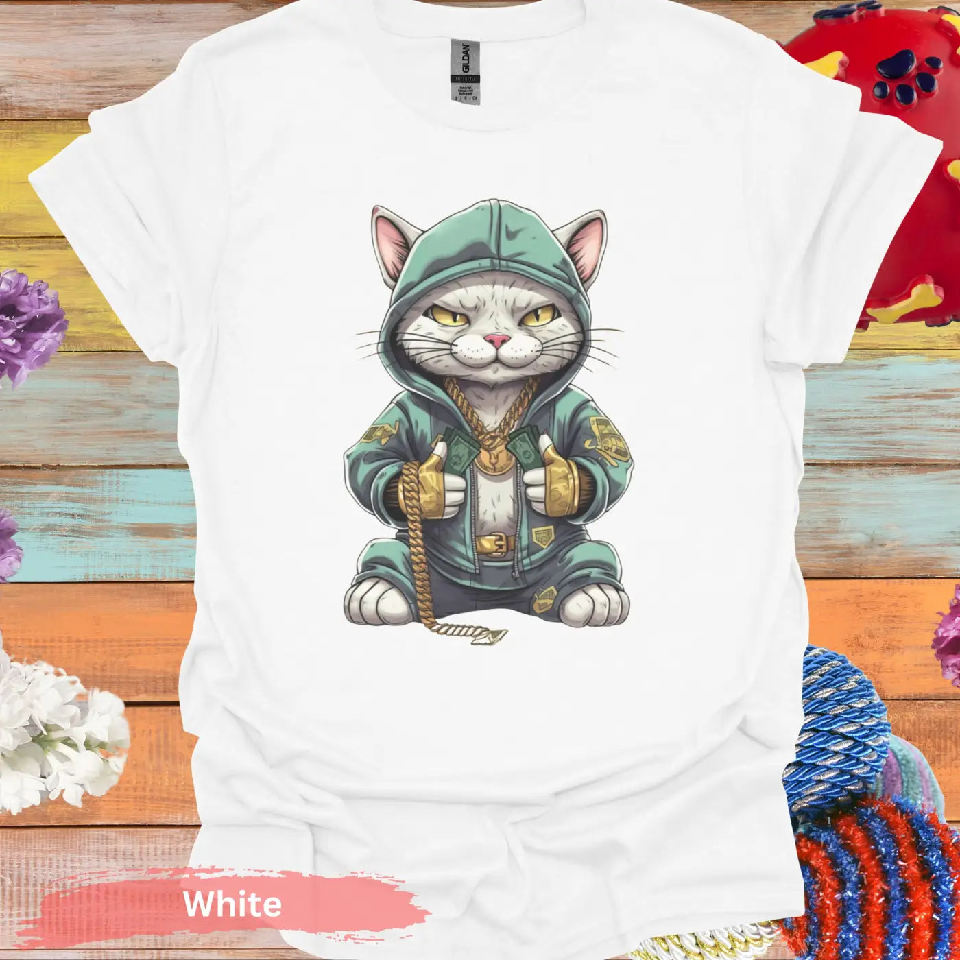 Hip Hop Cat in Hoodie T-Shirt - S / White - Physical Item