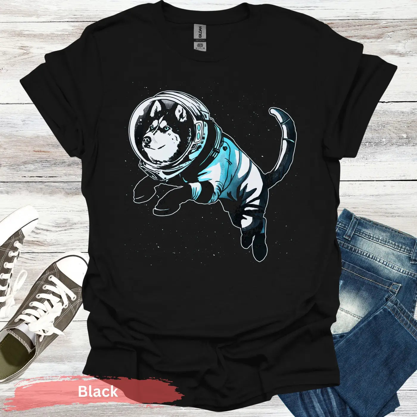 Husky in Astronaut Suit T-shirt - S - Unisex / Black - Physical Item
