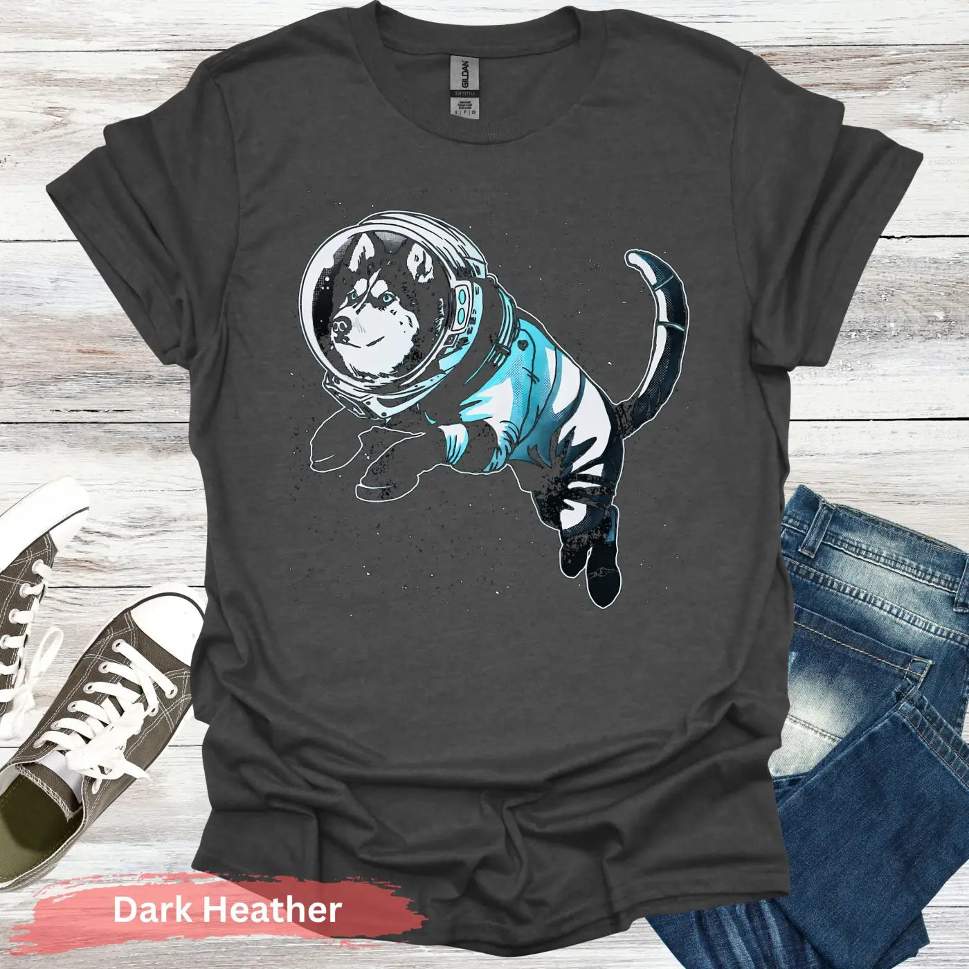 Husky in Astronaut Suit T-shirt - S - Unisex / Dark Heather - Physical Item
