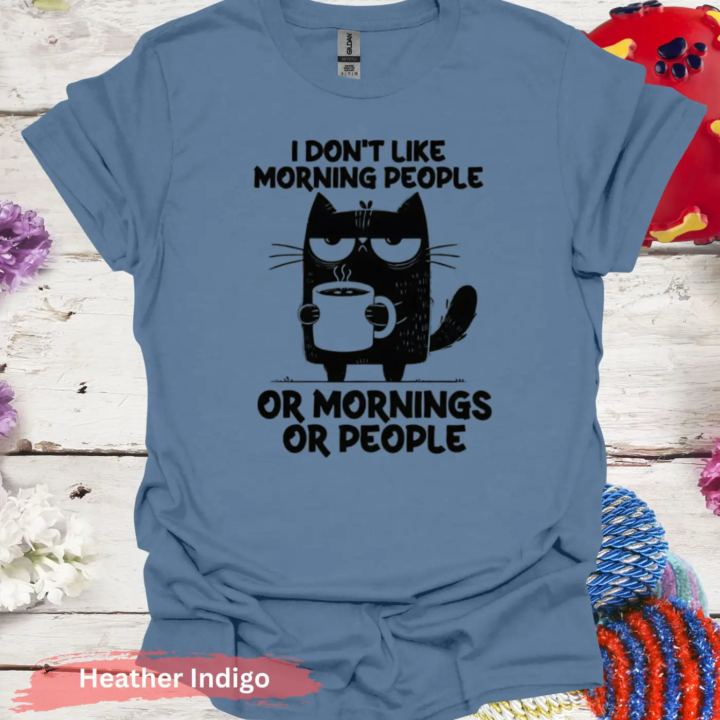 I Don’t Like Morning People Funny Cat T-Shirt - S / Heather Indigo - Physical Item