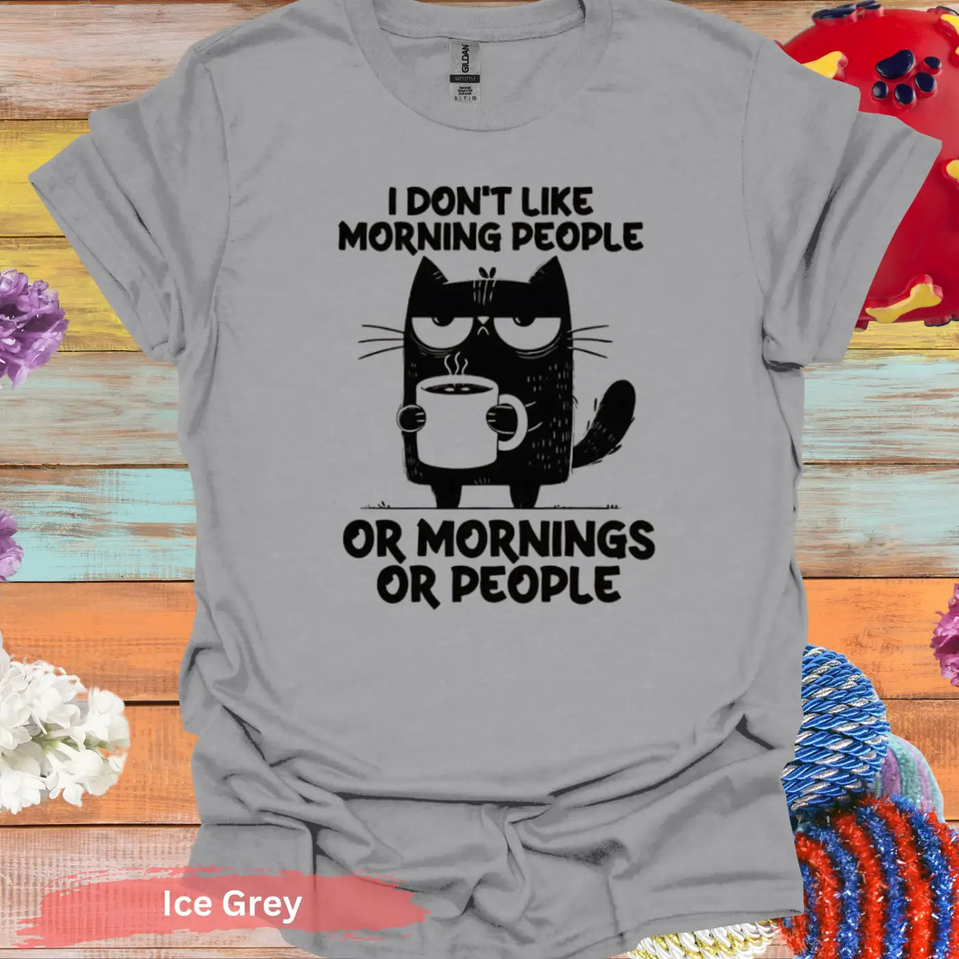 I Don’t Like Morning People Funny Cat T-Shirt - S / Ice Grey - Physical Item