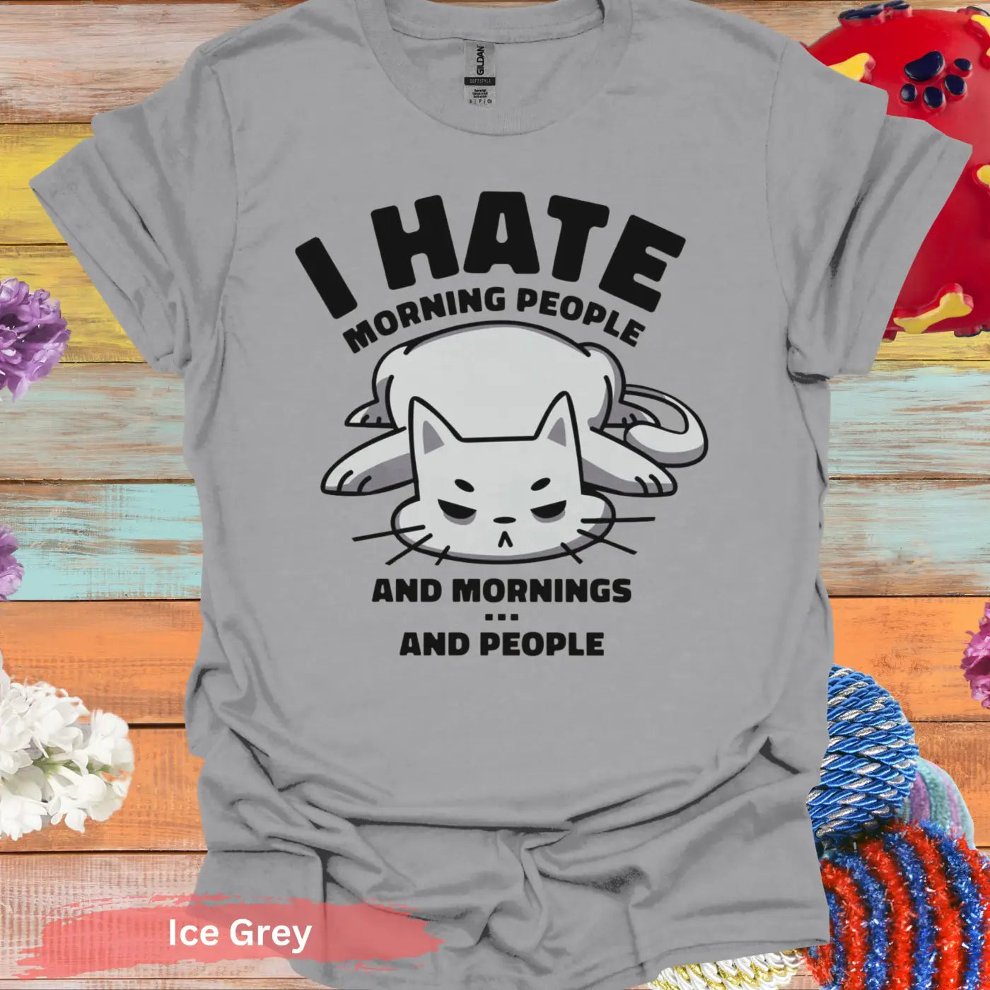 I Hate Morning People And Mornings Cat T-Shirt - S / Ice Grey - Physical Item