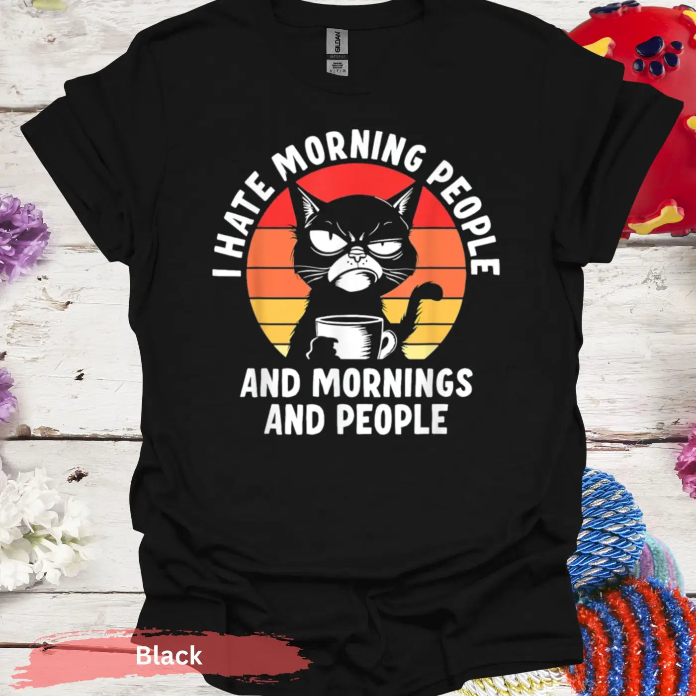 I Hate Morning People Black Cat T-Shirt - S / Physical Item