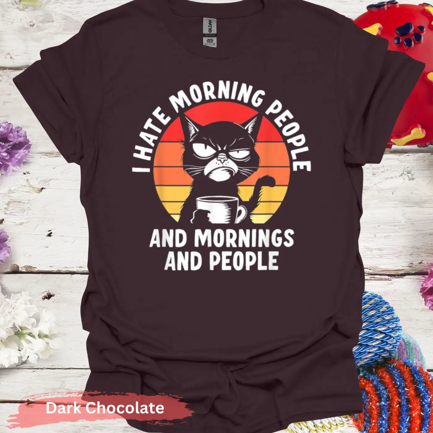 I Hate Morning People Black Cat T-Shirt - S / Dark Chocolate - Physical Item