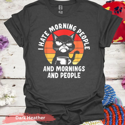 I Hate Morning People Black Cat T-Shirt - S / Dark Heather - Physical Item