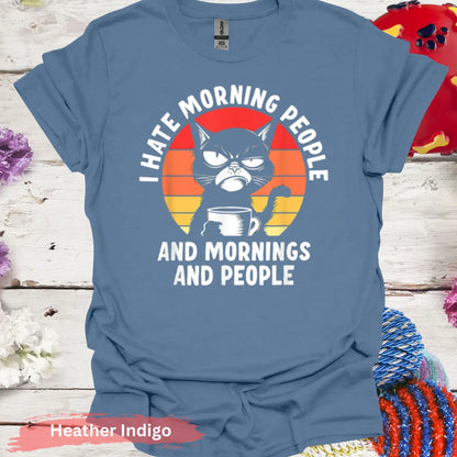 I Hate Morning People Black Cat T-Shirt - S / Heather Indigo - Physical Item