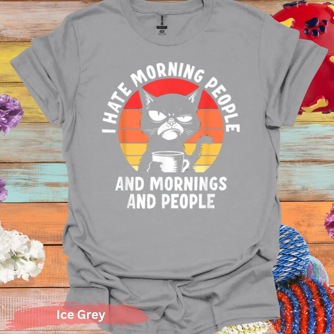 I Hate Morning People Black Cat T-Shirt - S / Ice Grey - Physical Item