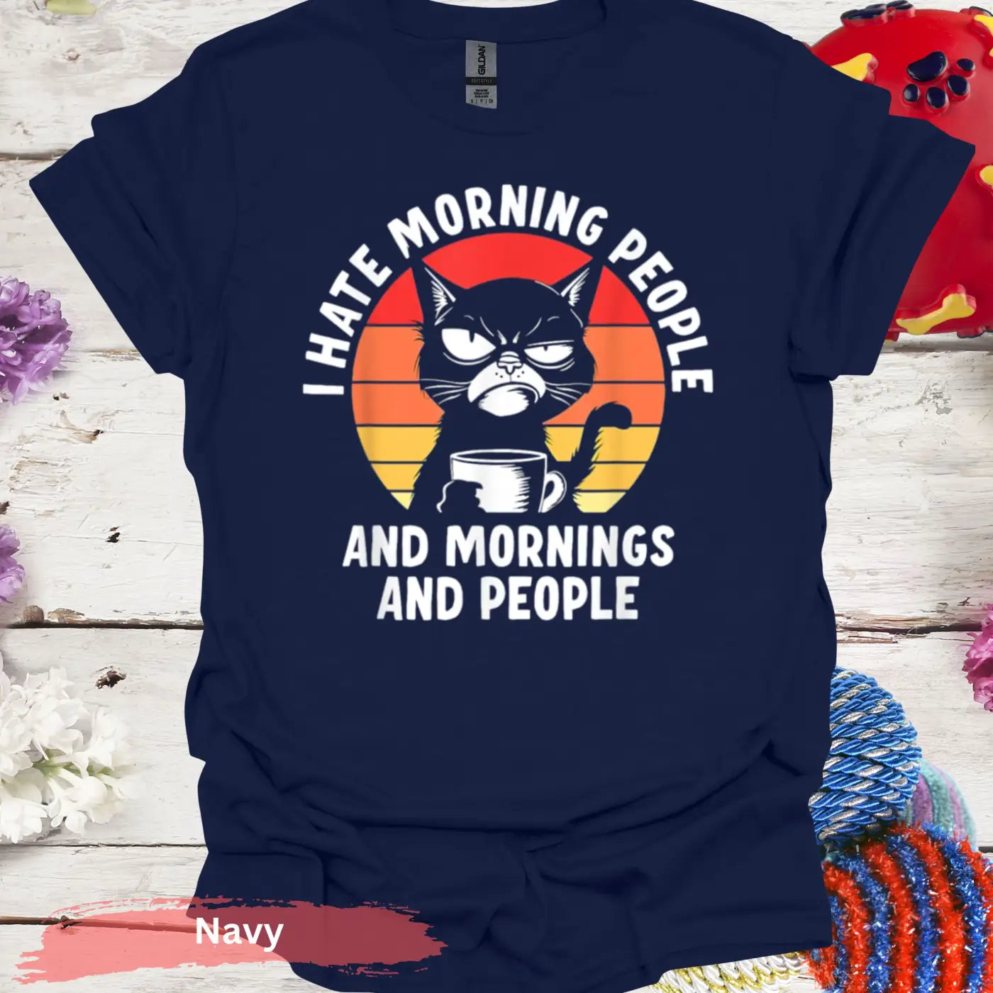 I Hate Morning People Black Cat T-Shirt - S / Navy - Physical Item