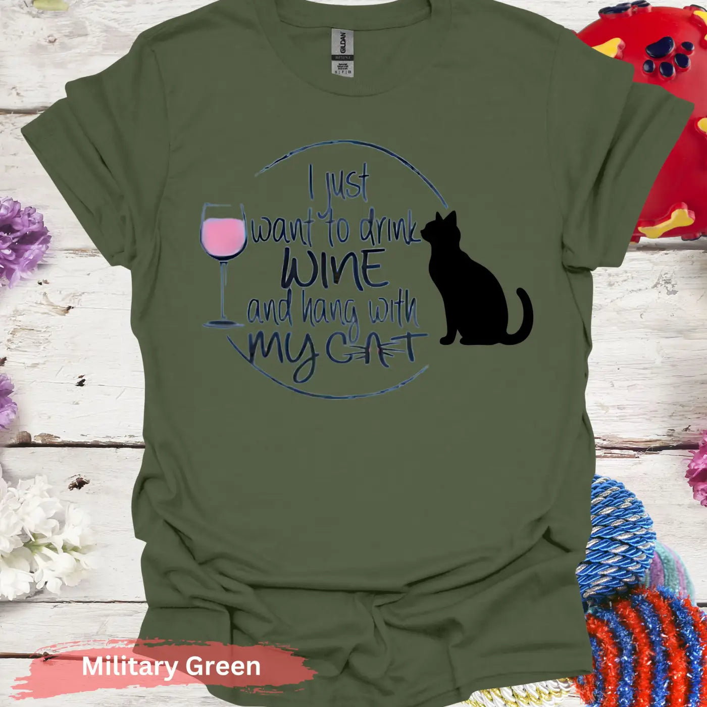 I Just Want Wine and Cat T-Shirt - S / Military Green - Physical Item