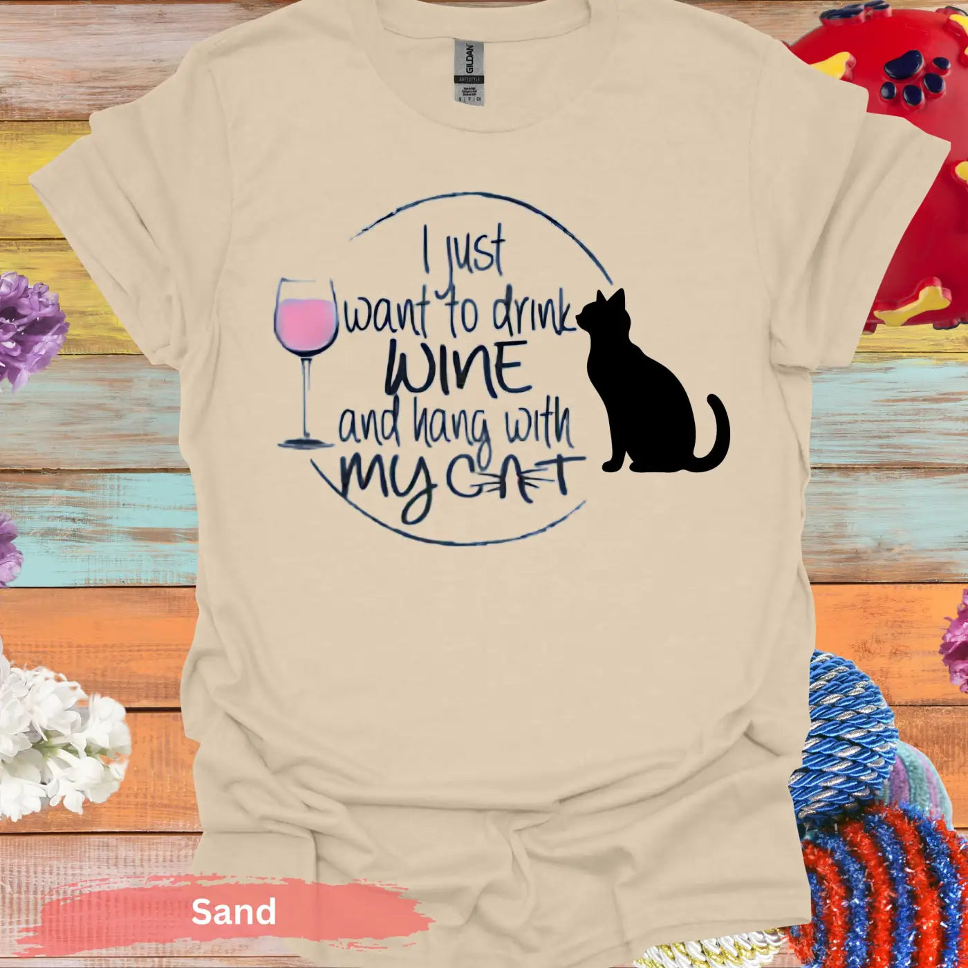 I Just Want Wine and Cat T-Shirt - S / Sand - Physical Item