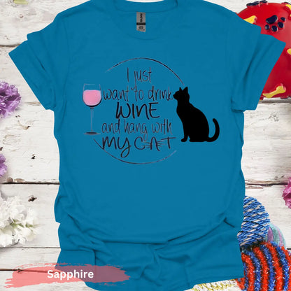 I Just Want Wine and Cat T-Shirt - S / Sapphire - Physical Item