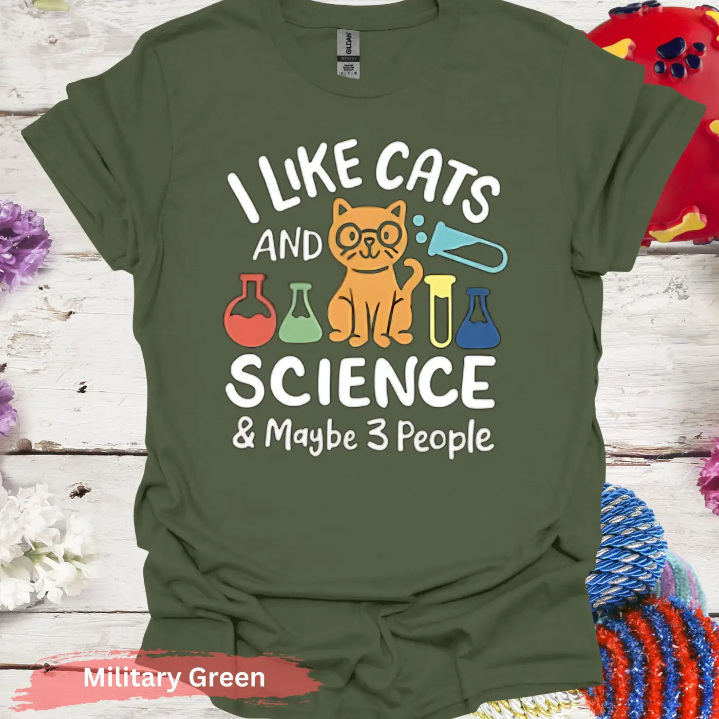 Cats and Science 3 People T-Shirt - S / Military Green - Physical Item