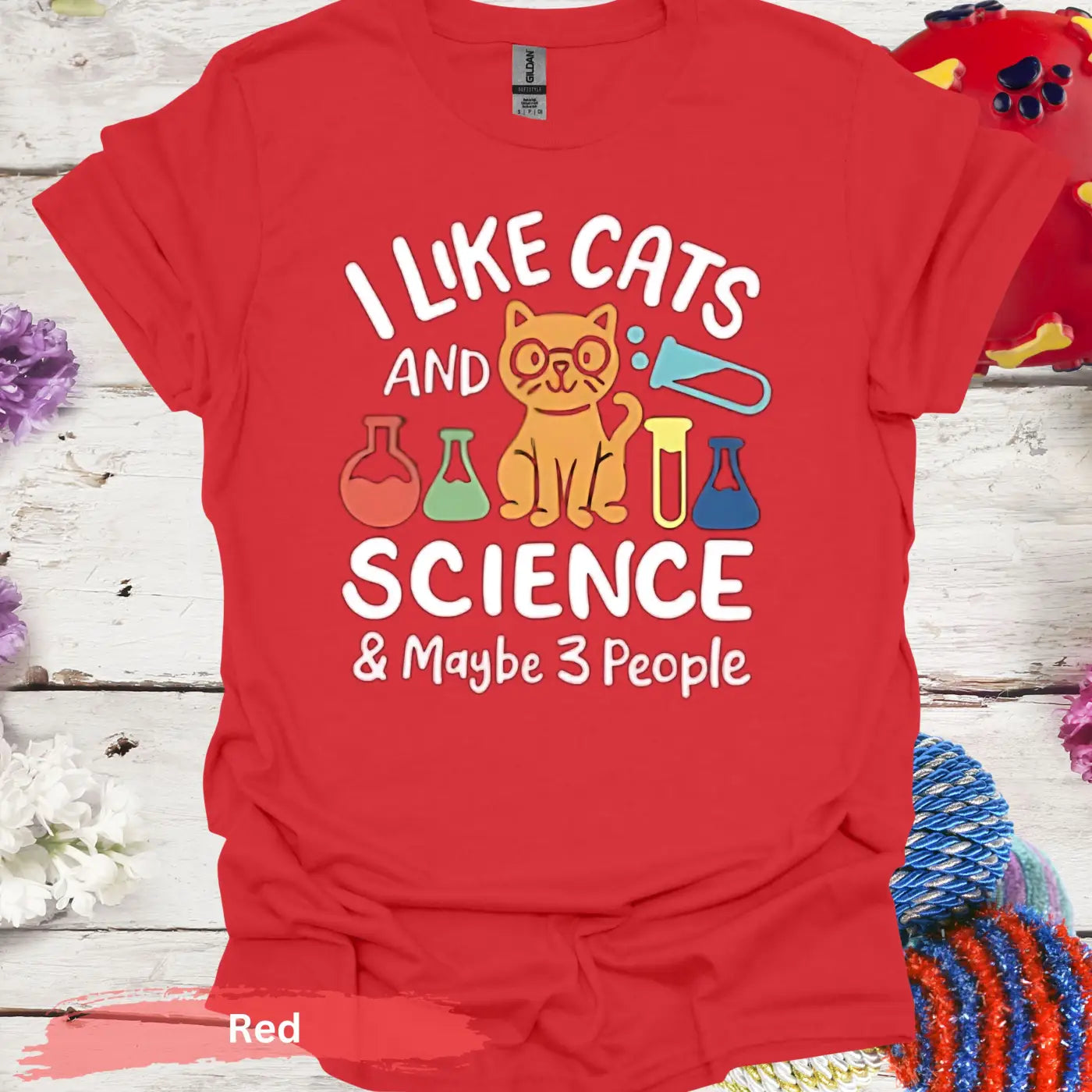 Cats and Science 3 People T-Shirt - S / Red - Physical Item