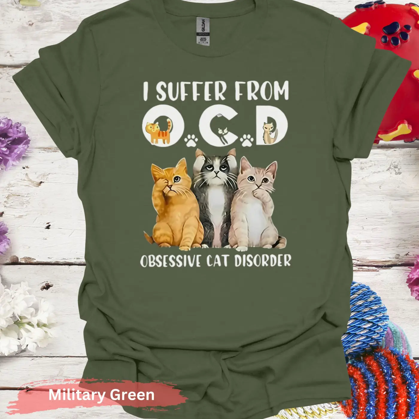 I Suffer from OCD Obsessive Cat Disorder T-Shirt - S / Military Green - Physical Item