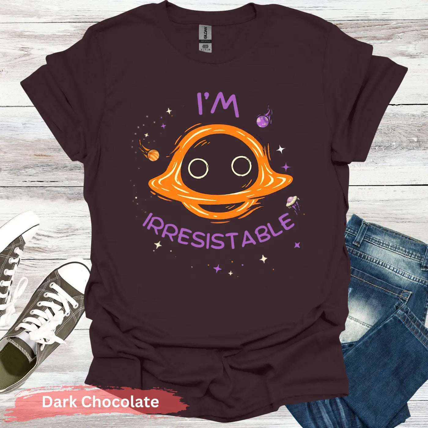 ’I’m Irresistible’ Black Hole T-shirt - S / Dark Chocolate - Physical Item