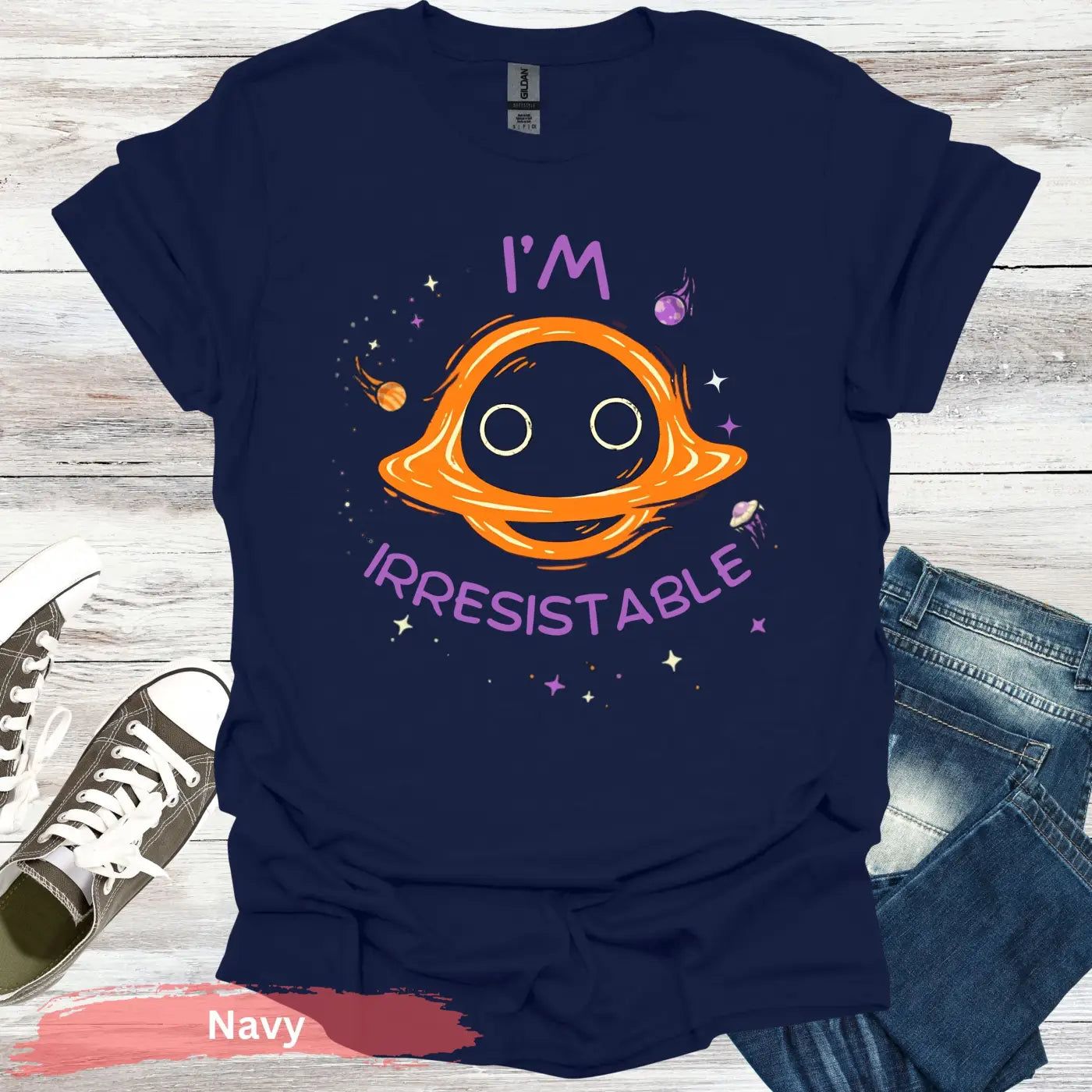 ’I’m Irresistible’ Black Hole T-shirt - S / Navy - Physical Item