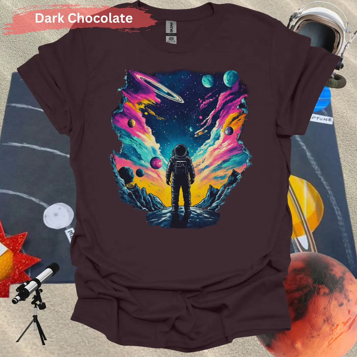 Infinite Realms: A cosmic voyage T-shirt - S / Dark Chocolate - Physical Item