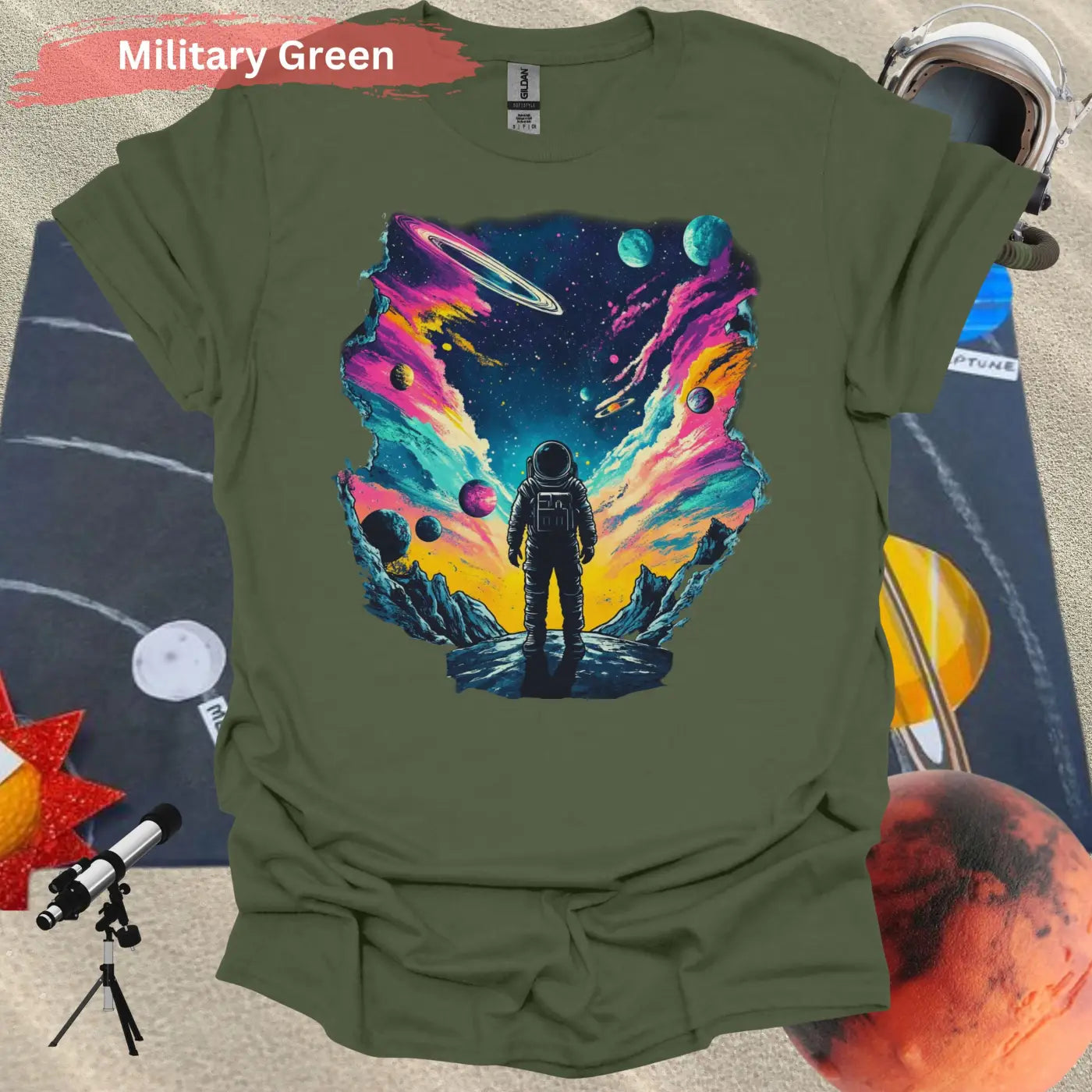 Infinite Realms: A cosmic voyage T-shirt - S / Military Green - Physical Item