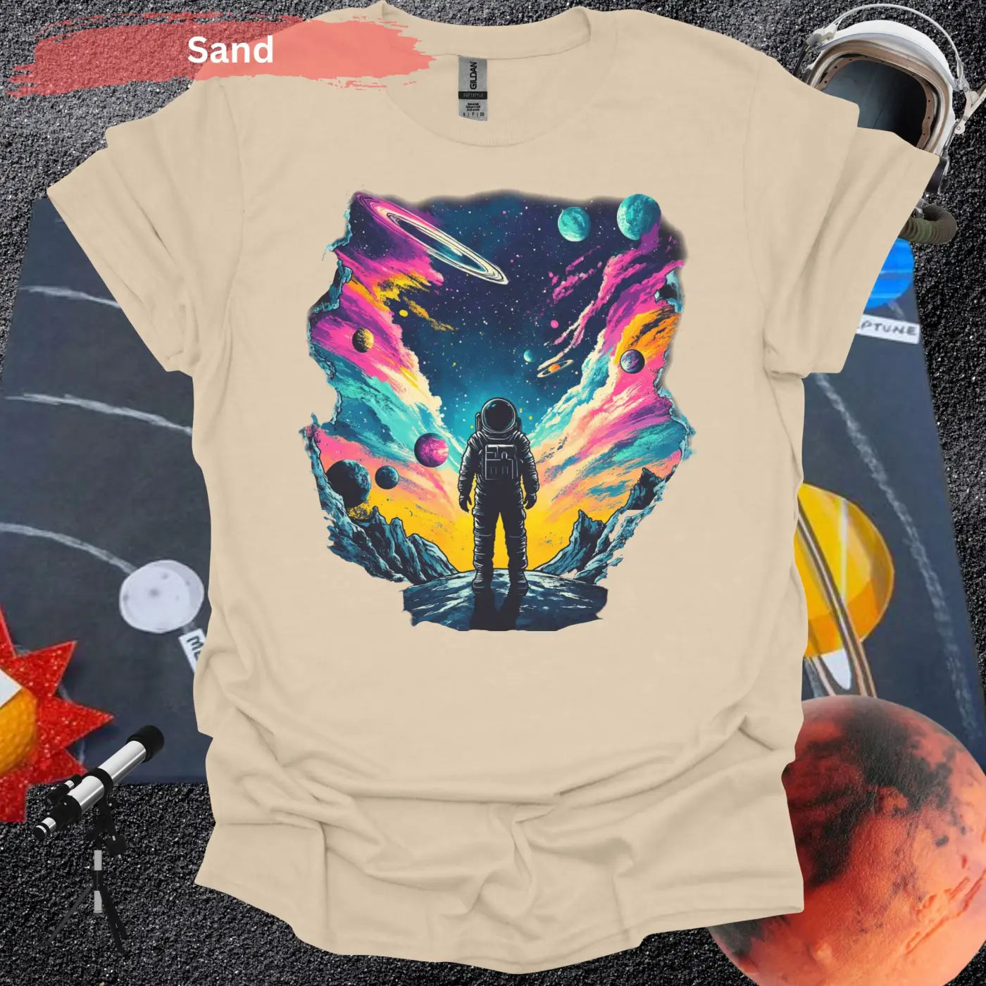 Infinite Realms: A cosmic voyage T-shirt - S / Sand - Physical Item