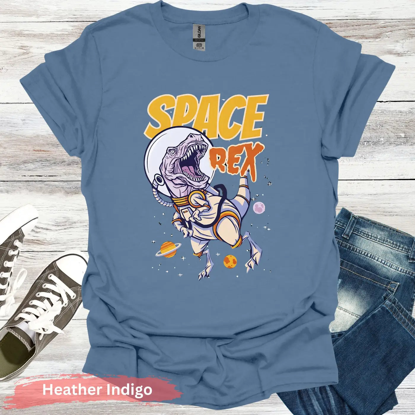 Intergalactic Dinosaur T-Shirt - S / Heather Indigo - Physical Item
