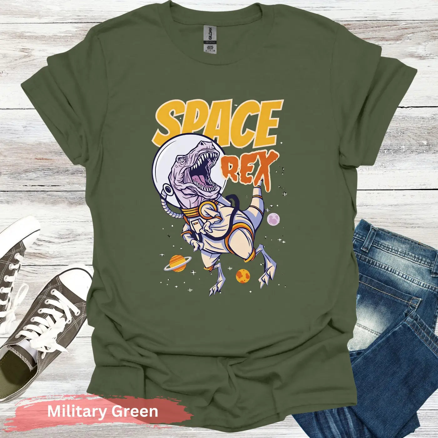 Intergalactic Dinosaur T-Shirt - S / Military Green - Physical Item
