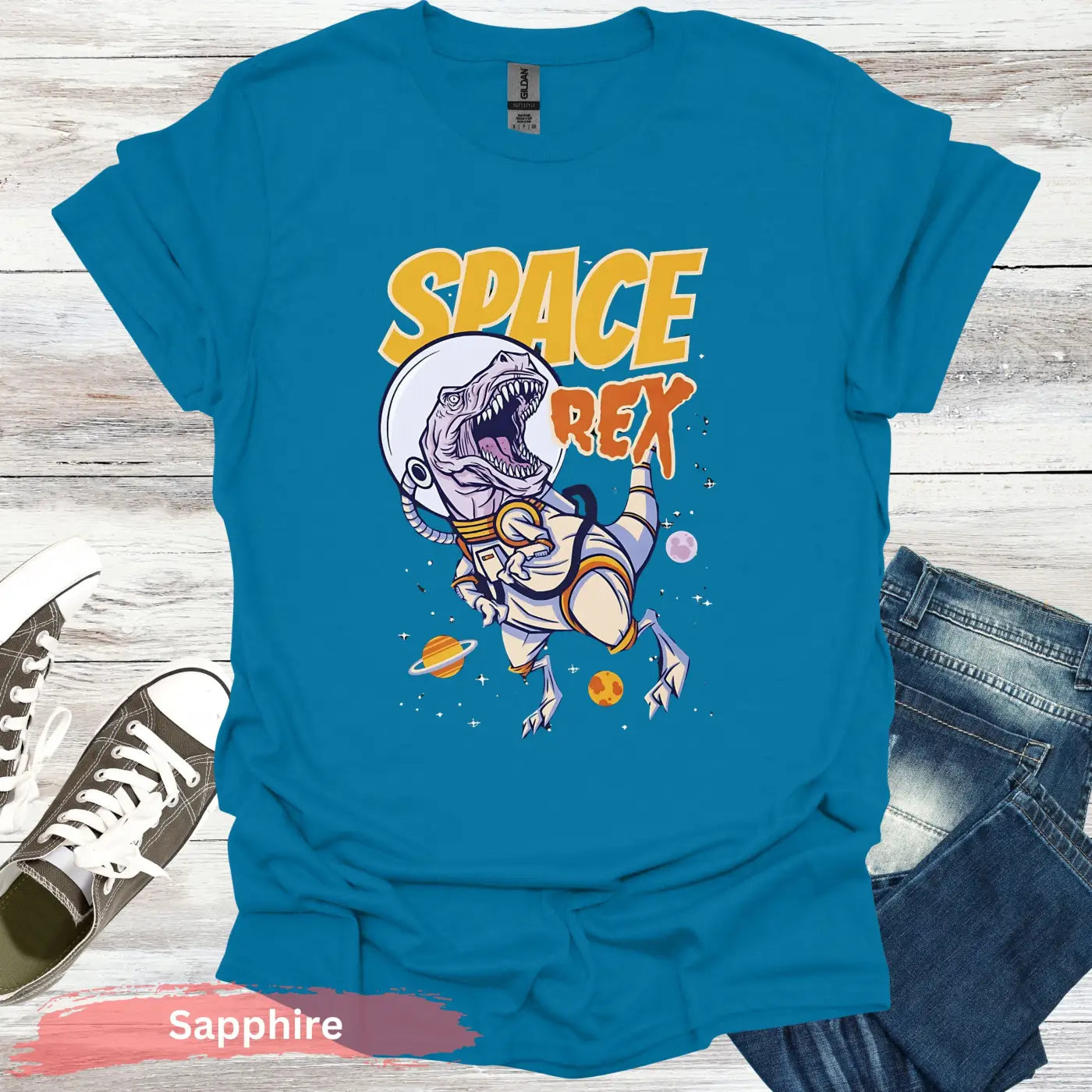 Intergalactic Dinosaur T-Shirt - S / Sapphire - Physical Item