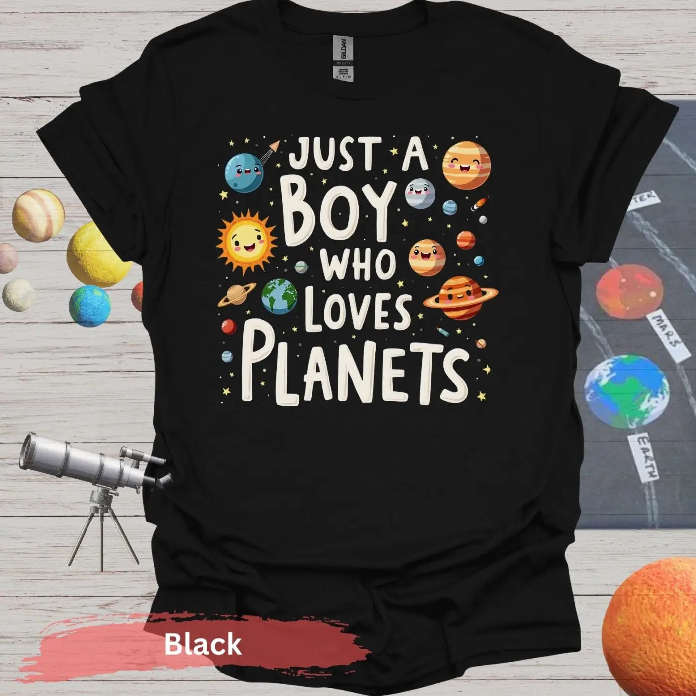 Just a Boy Who Loves Planets Unisex T-Shirt - S / Black - Physical Item