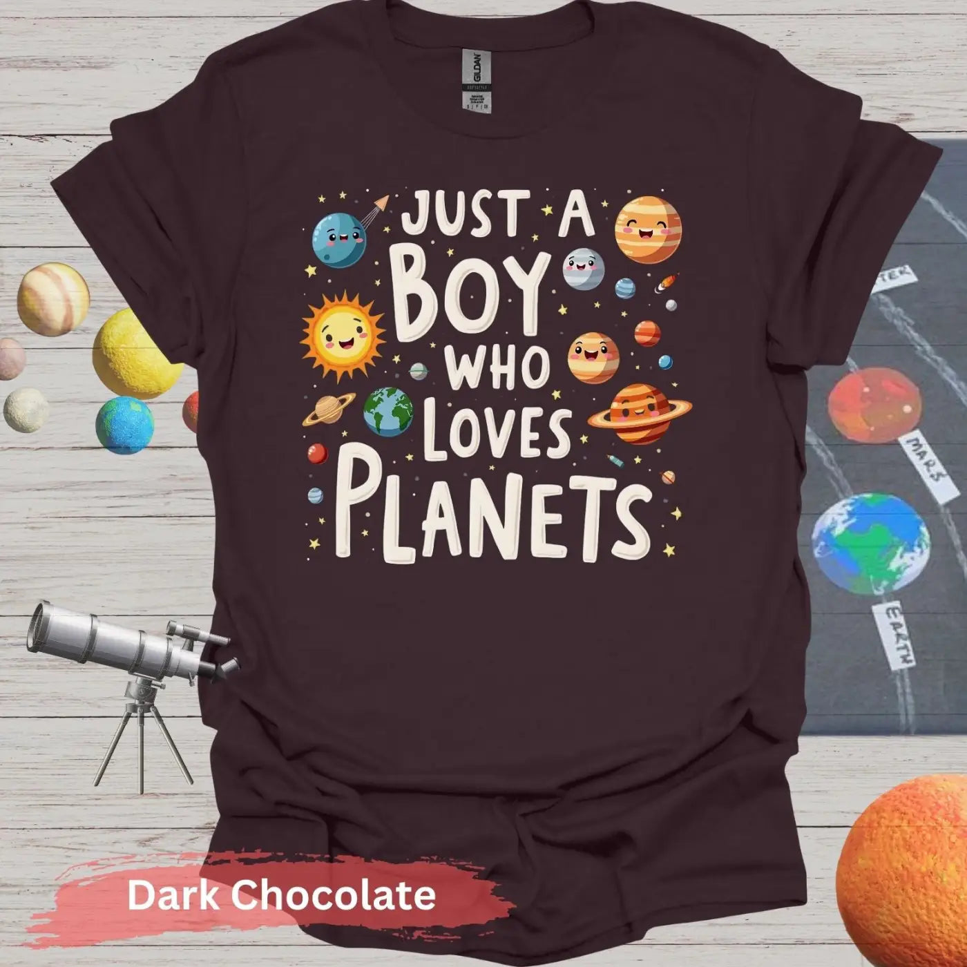 Just a Boy Who Loves Planets Unisex T-Shirt - S / Dark Chocolate - Physical Item