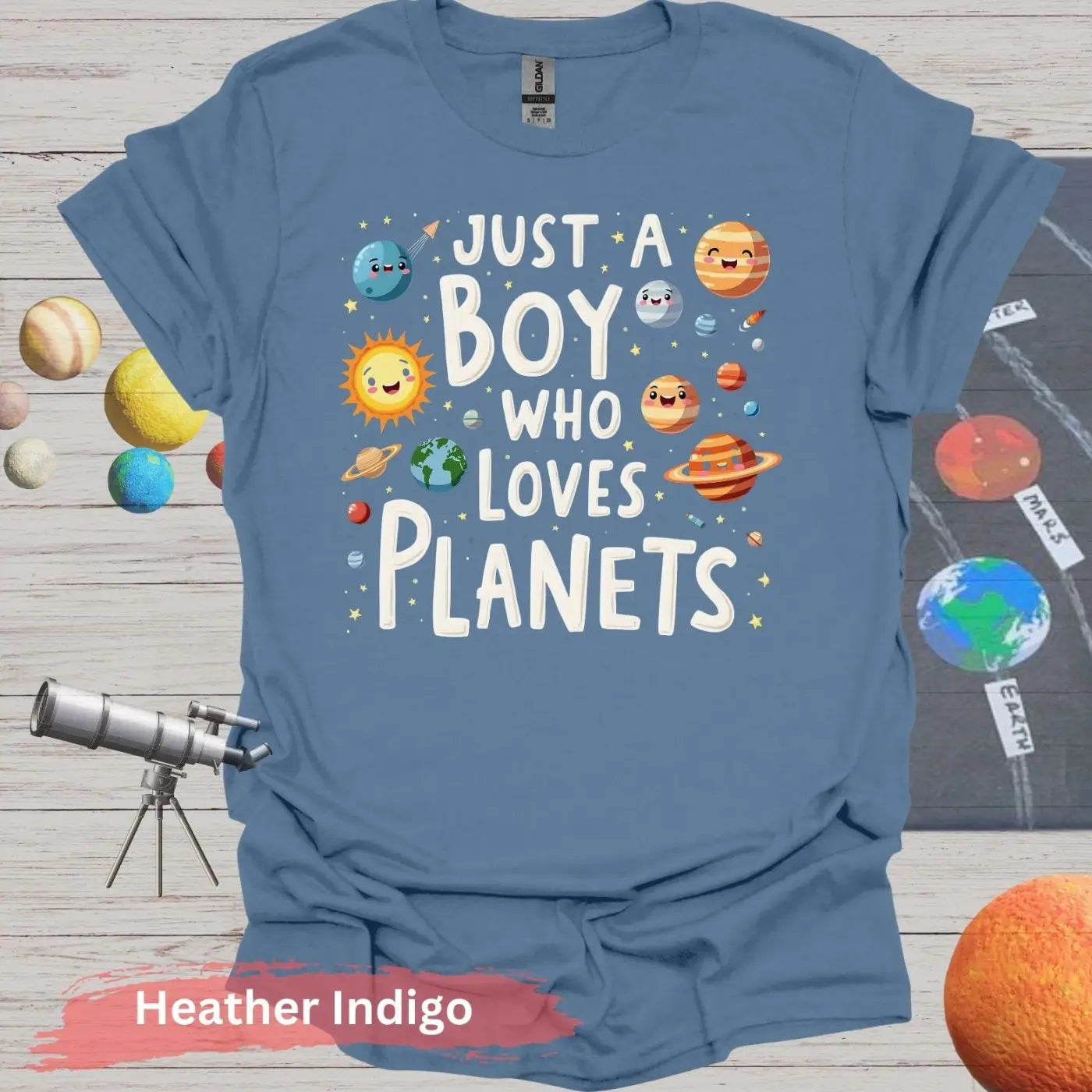 Just a Boy Who Loves Planets Unisex T-Shirt - S / Heather Indigo - Physical Item