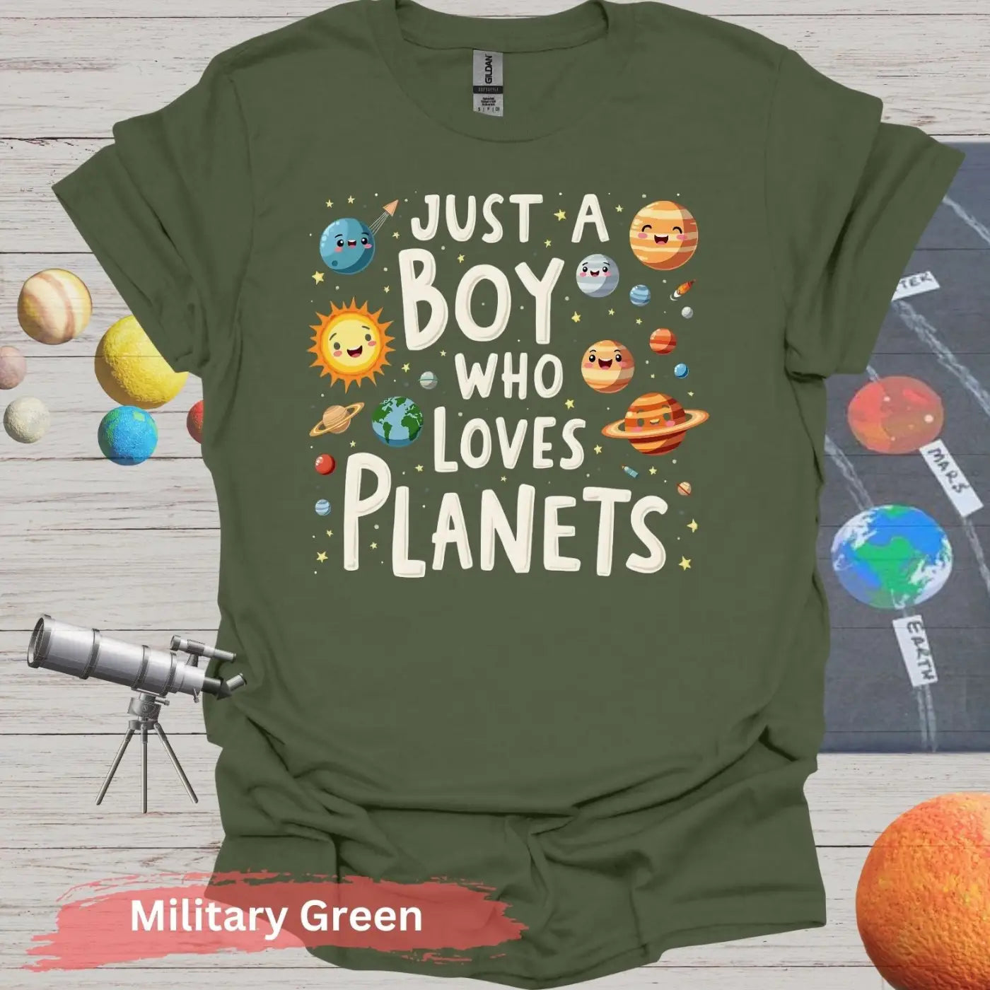 Just a Boy Who Loves Planets Unisex T-Shirt - S / Military Green - Physical Item