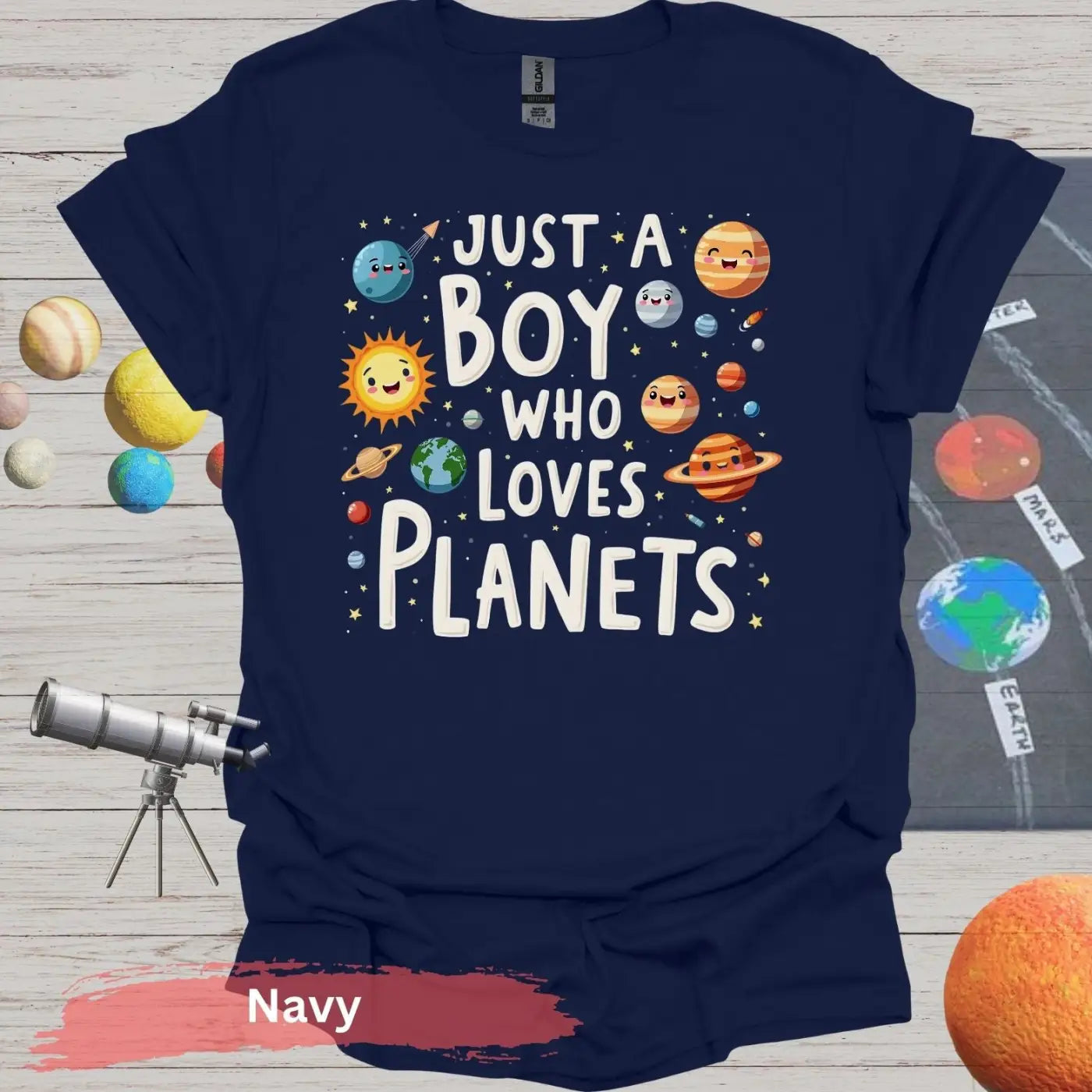 Just a Boy Who Loves Planets Unisex T-Shirt - S / Navy - Physical Item