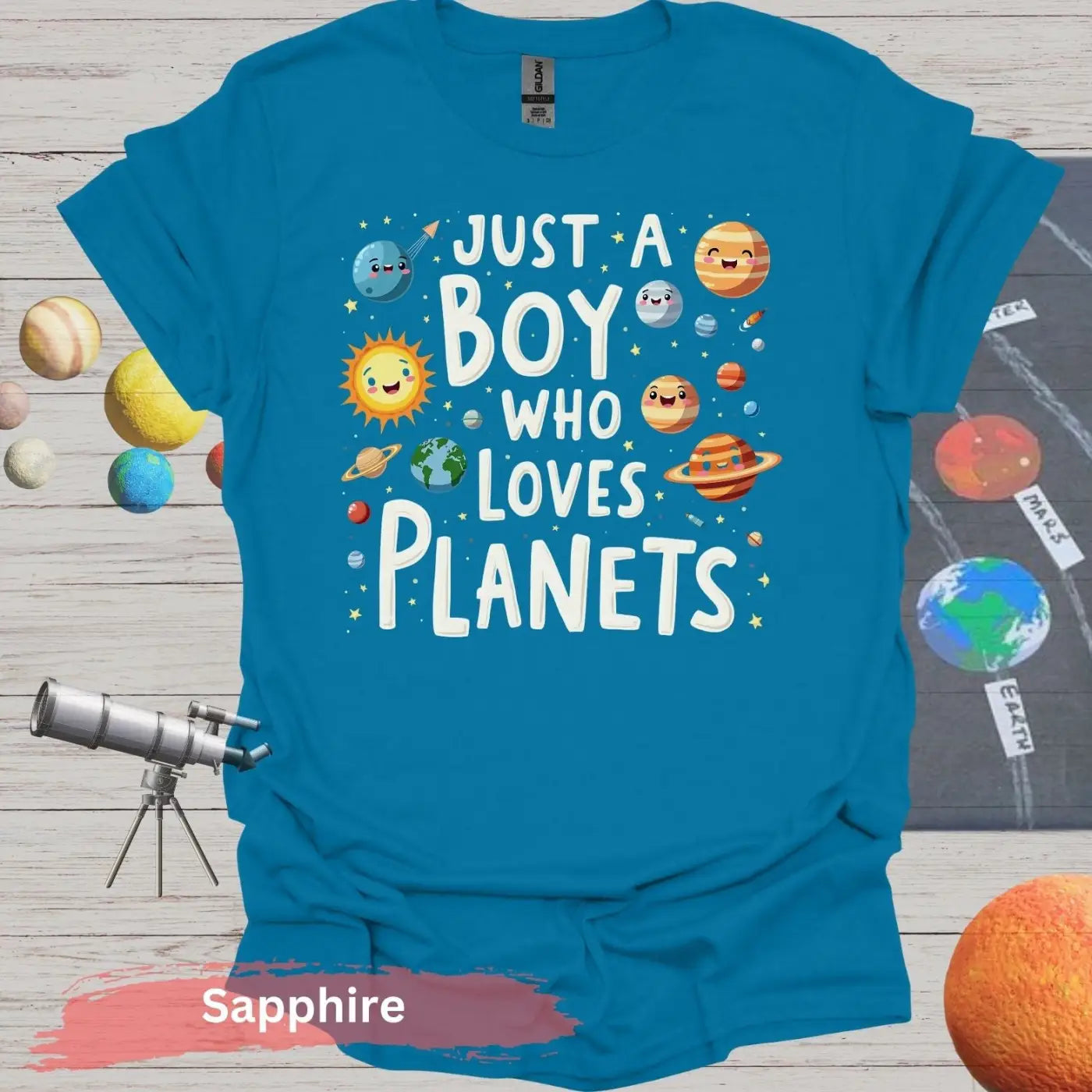 Just a Boy Who Loves Planets Unisex T-Shirt - S / Sapphire - Physical Item