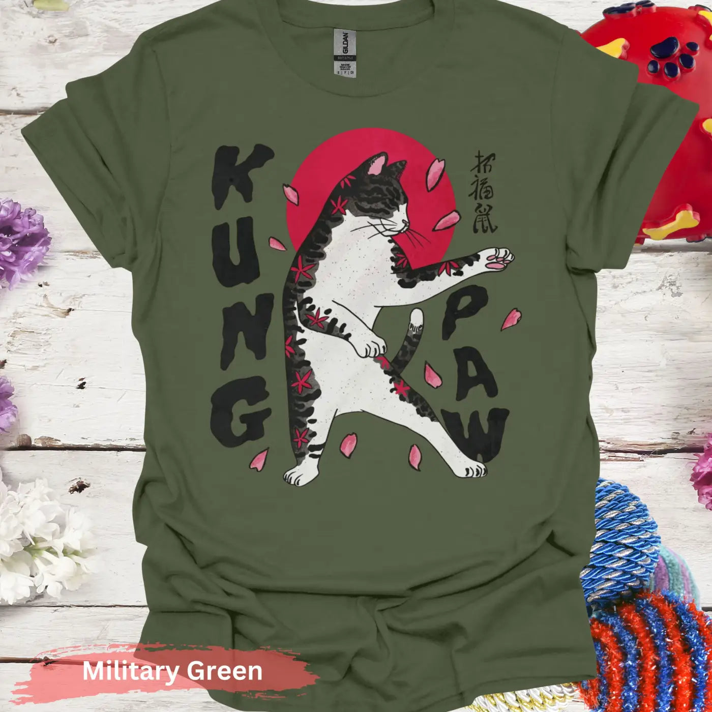 Kung Paw Martial Arts Cat T-shirt - S / Military Green - Physical Item