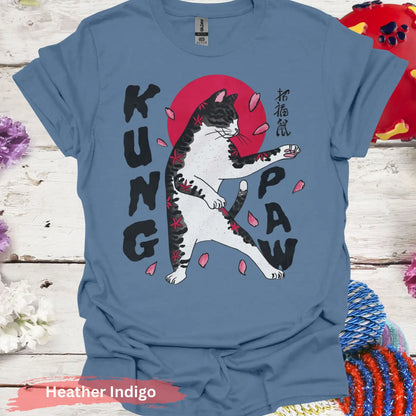 Kung Paw Martial Arts Cat T-shirt - S / Heather Indigo - Physical Item