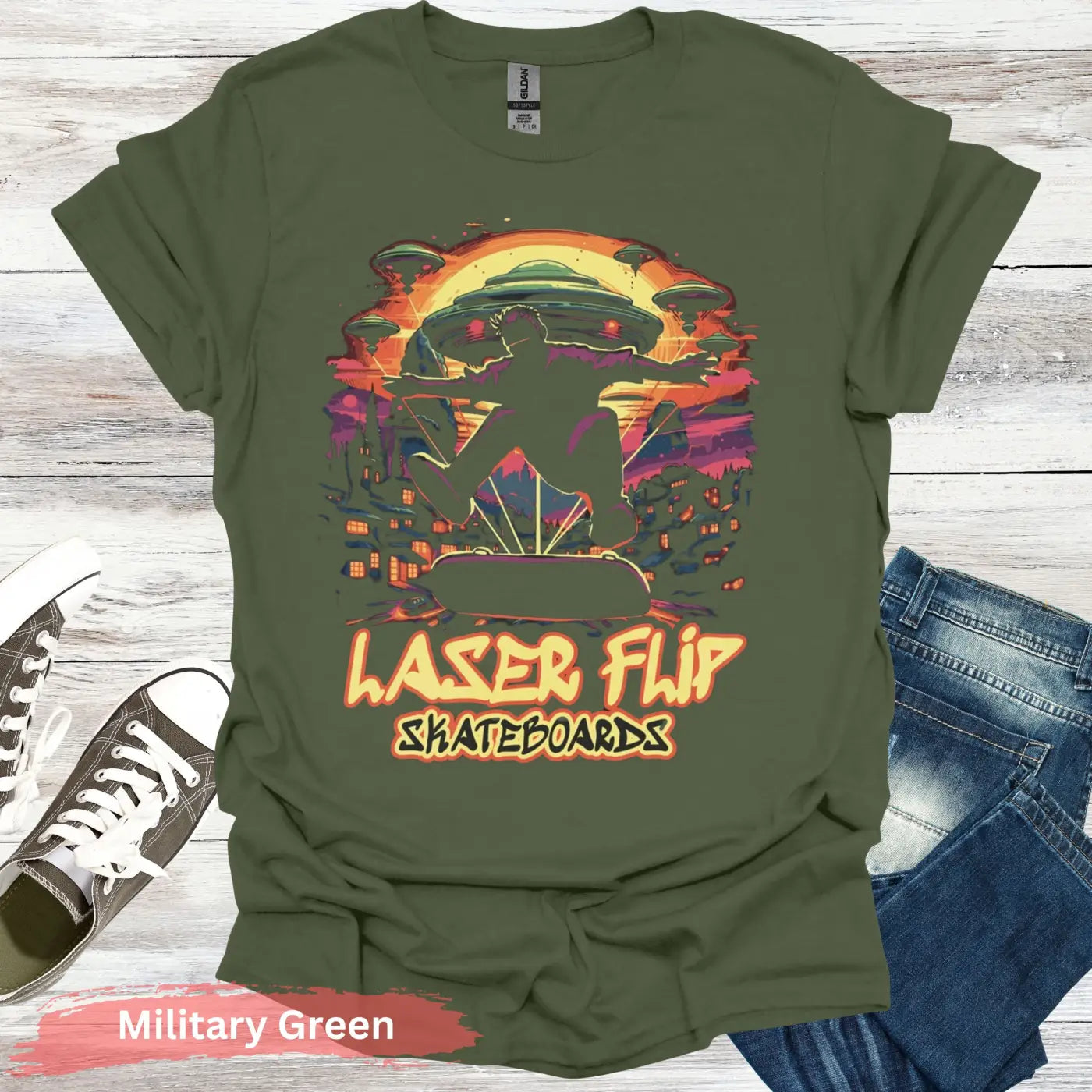 Laser Flip Skateboards T-shirt - S / Military Green - Physical Item