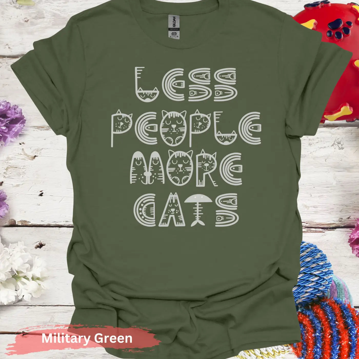 Less People More Cats T-shirt - S / Military Green - Physical Item