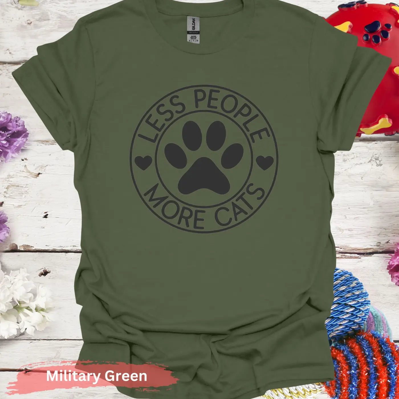 Less People More Cats T-shirt - S / Military Green - Physical Item