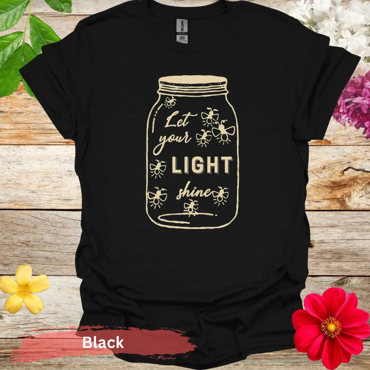 Let Your Light Shine Jar Fireflies Graphic T-Shirt - S / Black - Physical Item