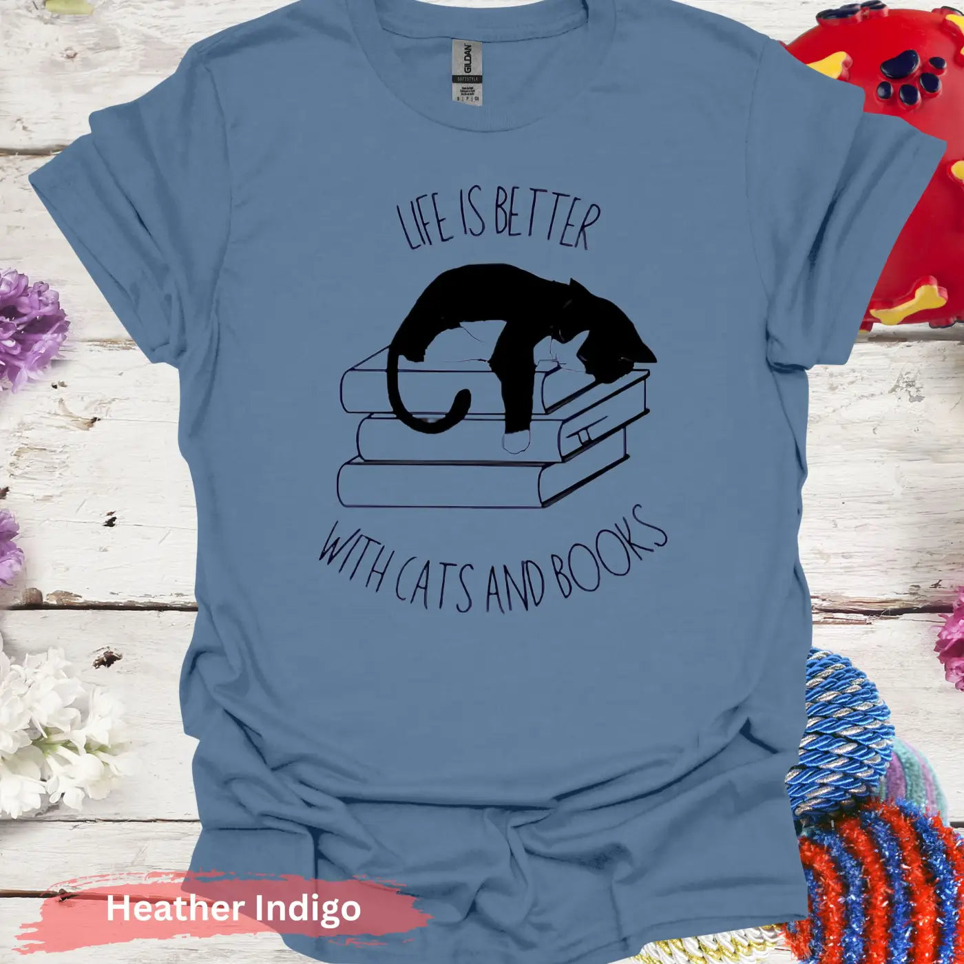 Life Is Better With Cats And Books T-Shirt - S / Heather Indigo - Physical Item