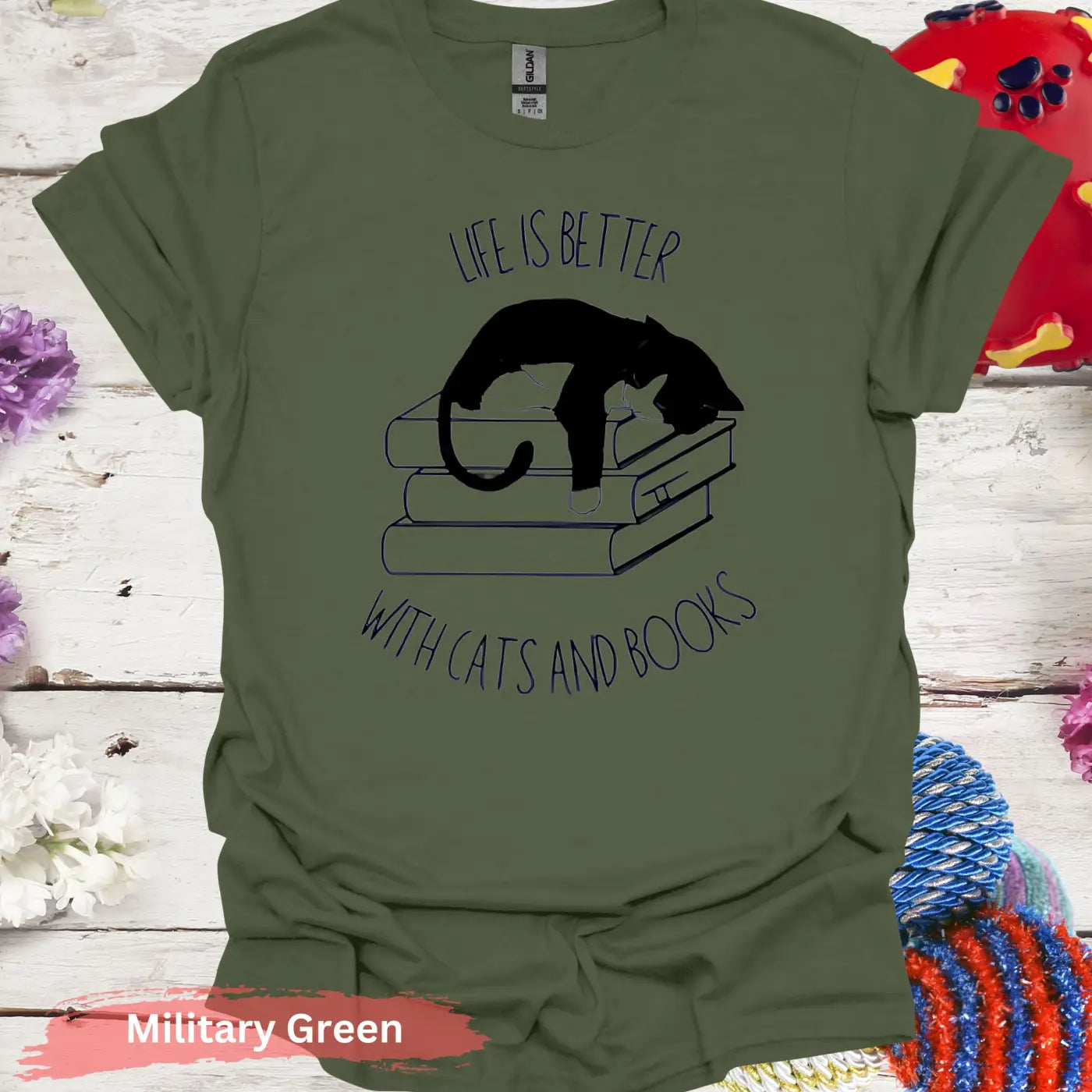 Life Is Better With Cats And Books T-Shirt - S / Military Green - Physical Item