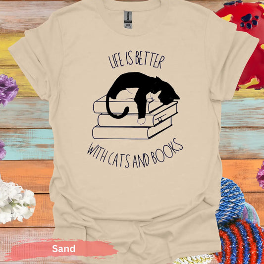 Life Is Better With Cats And Books T-Shirt - S / Sand - Physical Item