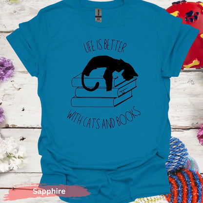 Life Is Better With Cats And Books T-Shirt - S / Sapphire - Physical Item