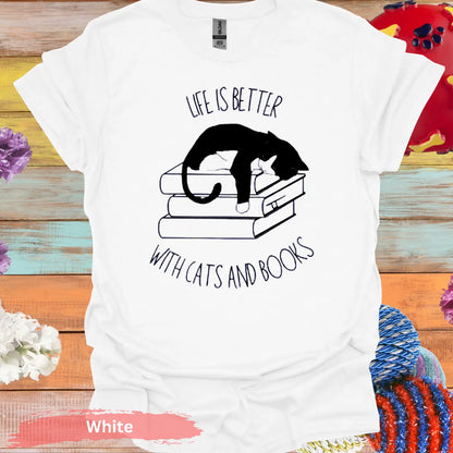 Life Is Better With Cats And Books T-Shirt - S / White - Physical Item