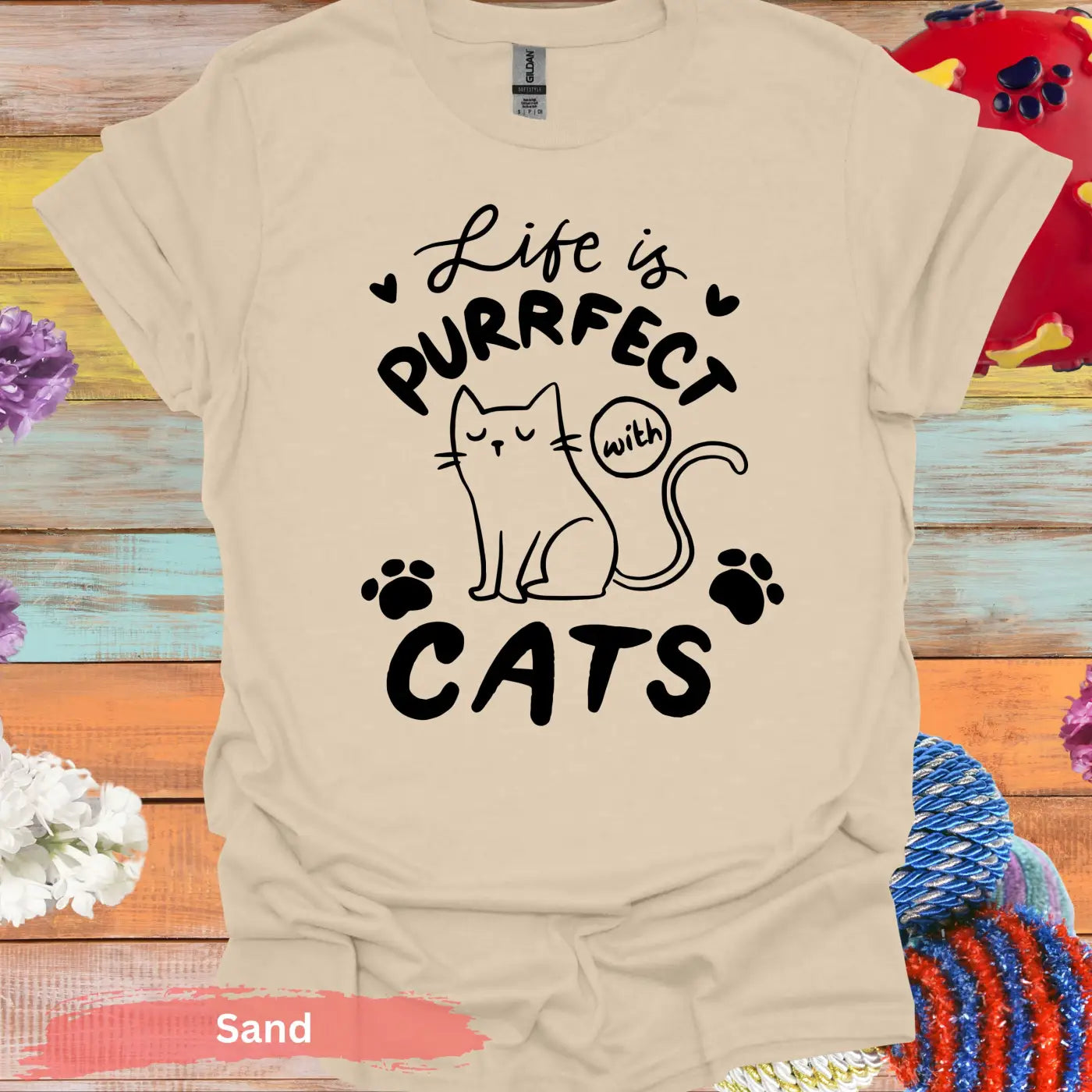 Life is Purrfect with Cats T-Shirt - S / Sand - Physical Item