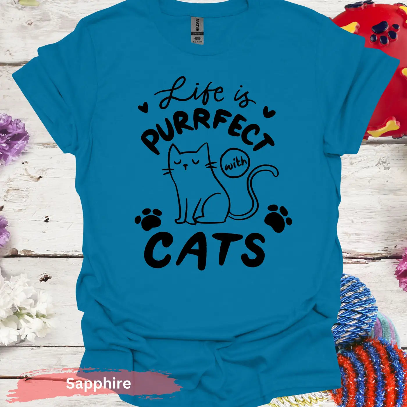 Life is Purrfect with Cats T-Shirt - S / Sapphire - Physical Item